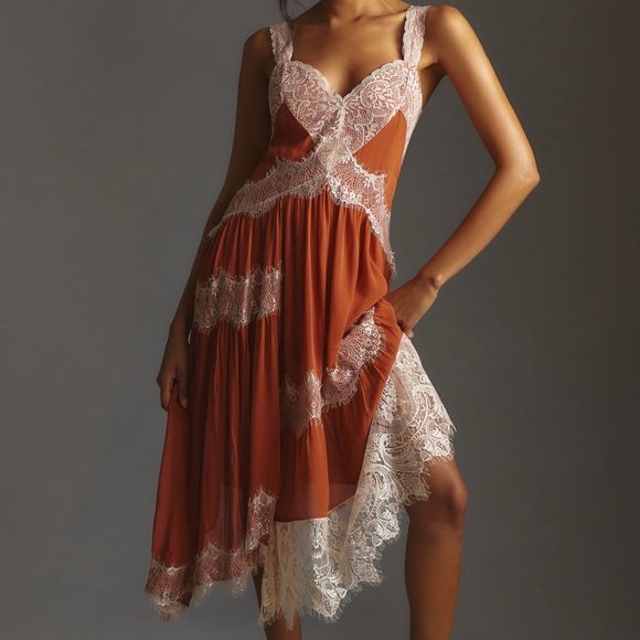 Anthropologie Dresses & Skirts - By Anthropologie Sleeveless Asymmetrical Lace Rust Slip Dress 10
